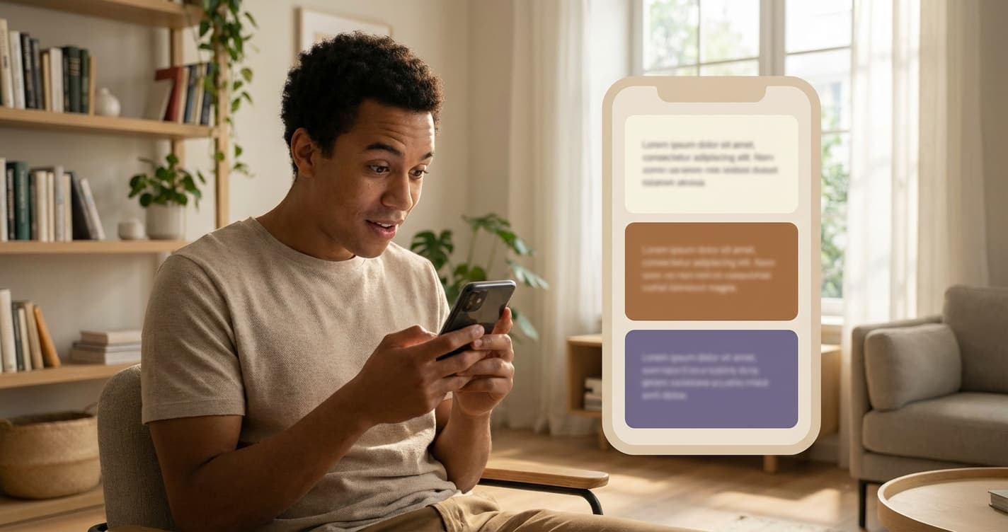 Illustration of someone journaling at home, alongside a simplified phone showing a reflection.