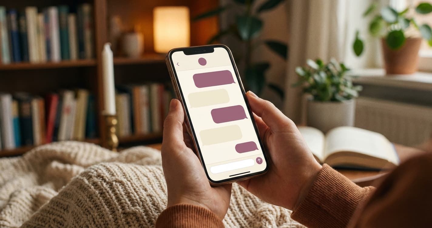Illustration of a person holding a phone with a simple conversation on screen.